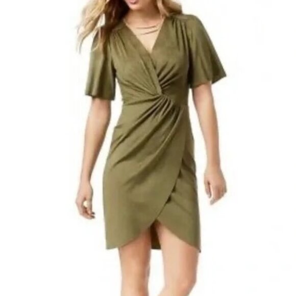 Kensie Olive Green Faux Suede Twist Front Tulip Hem Dress Women’s Size M - Picture 1 of 13